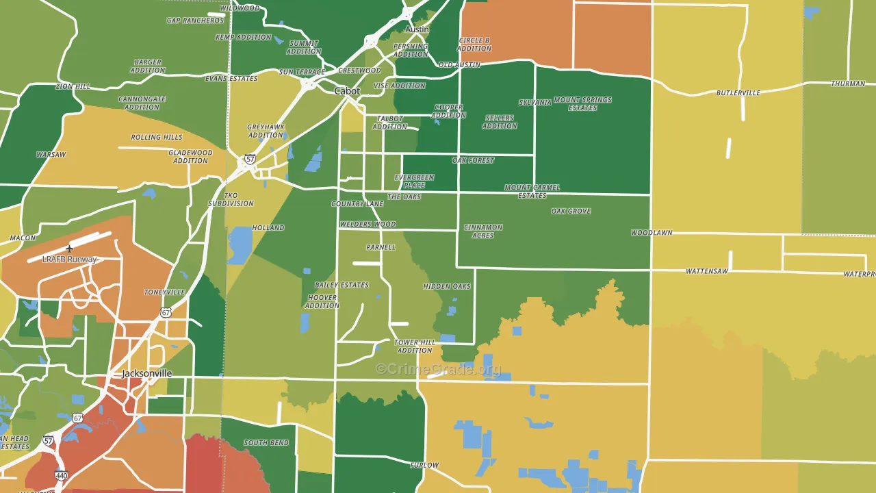 Lonoke County, AR Map of Robbery Rates