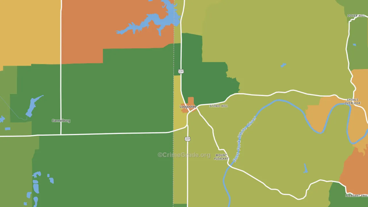 Loogootee, IN Map of Robbery Rates