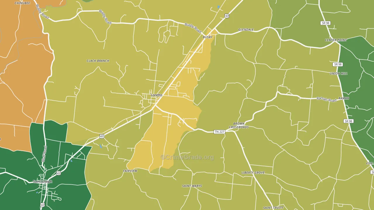Loretto, TN Map of Robbery Rates