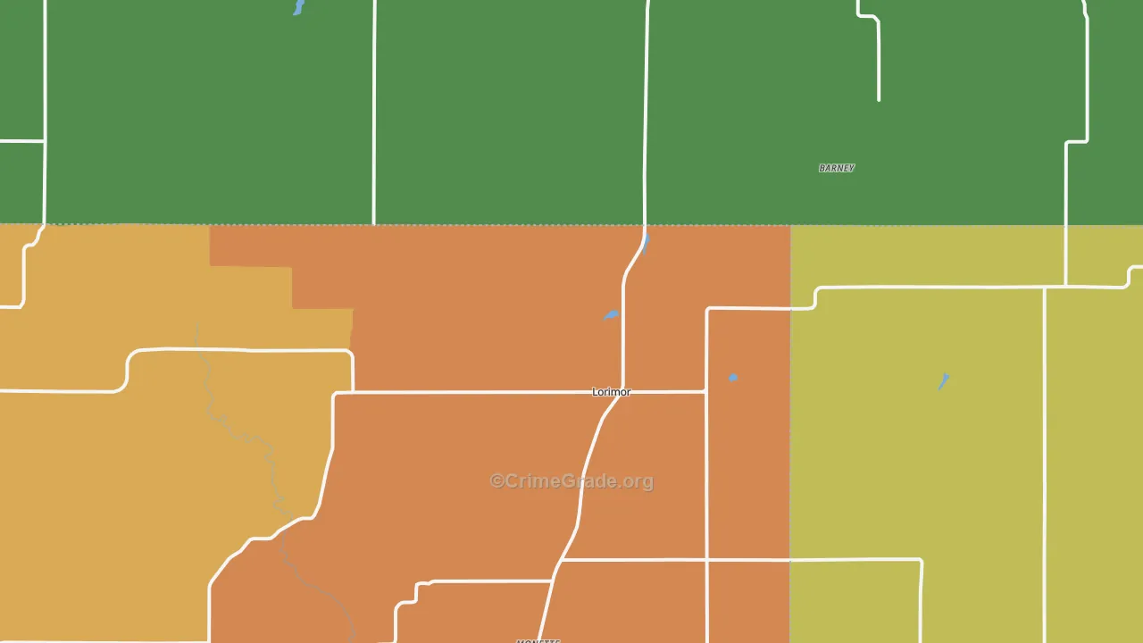 Lorimor, IA Map of Robbery Rates