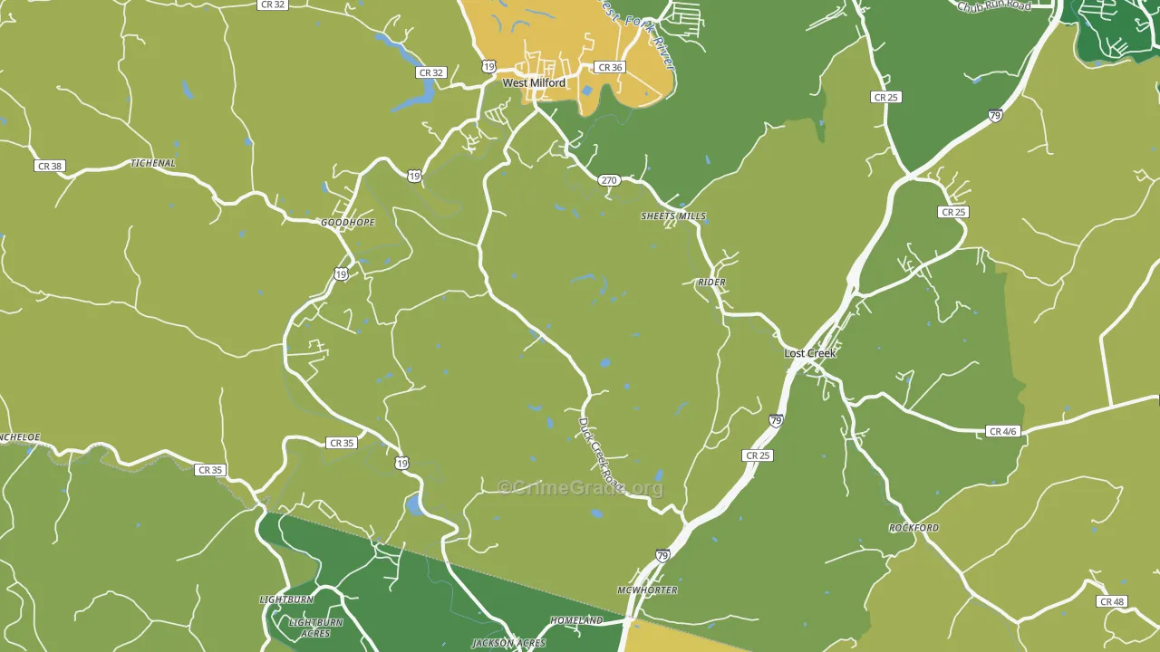 Lost Creek, WV Map of Robbery Rates