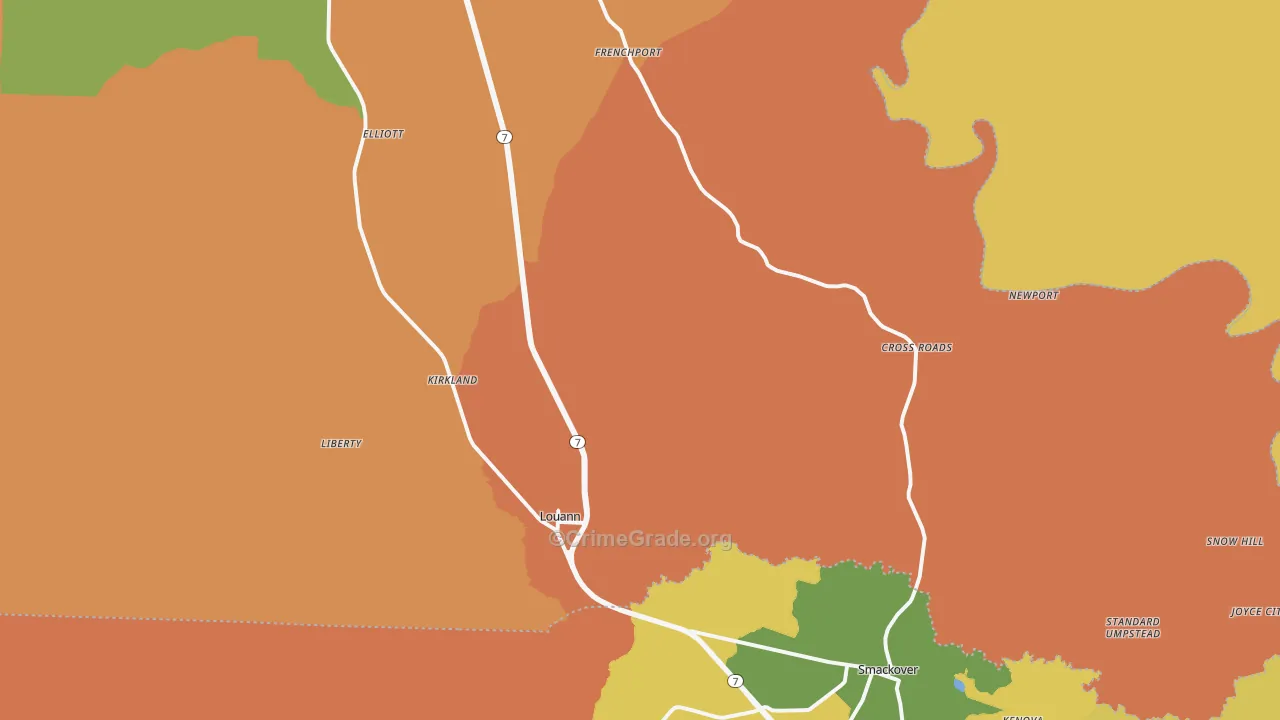 Louann, AR Map of Robbery Rates