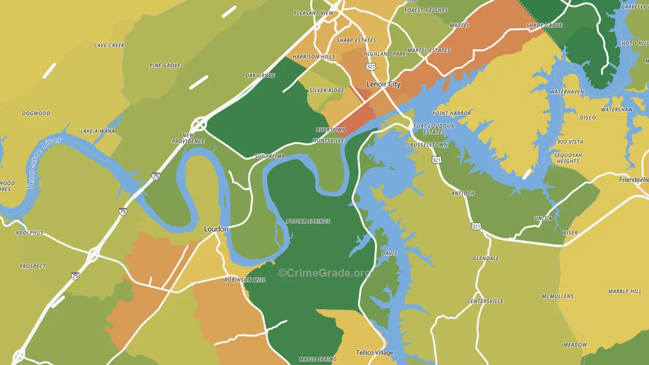 Loudon County, TN Map of Robbery Rates