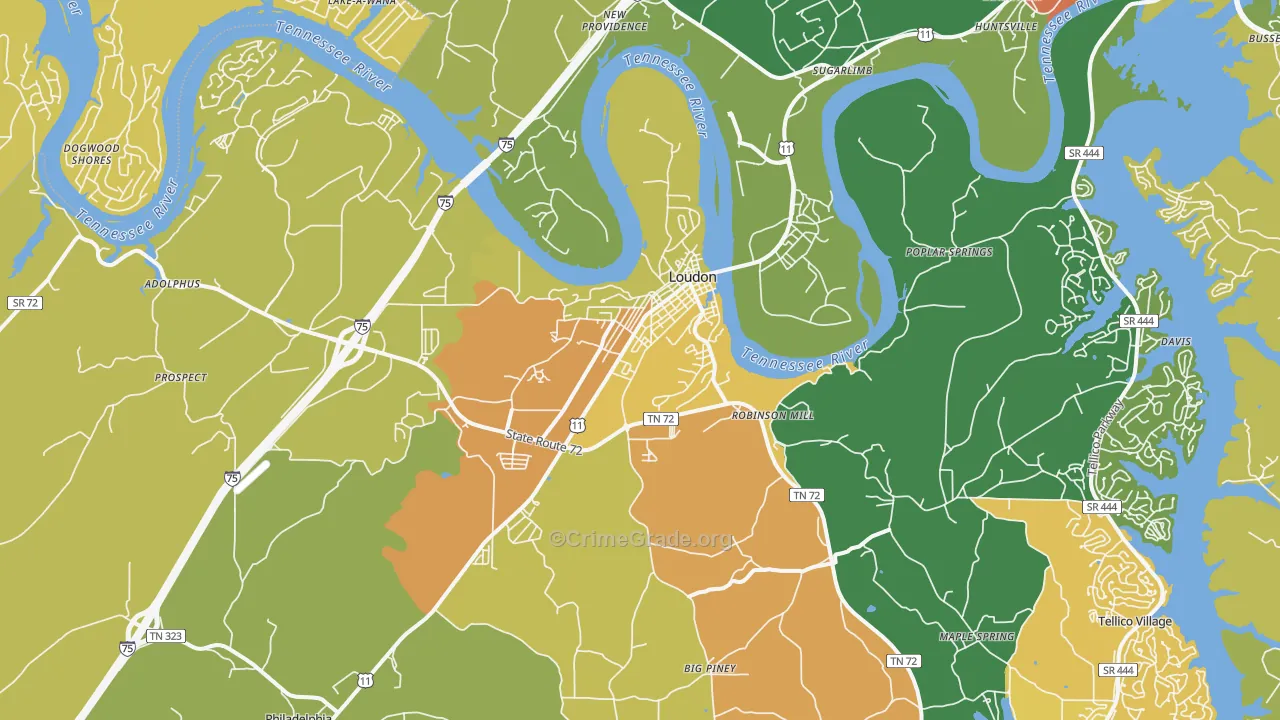 Loudon, TN Map of Robbery Rates