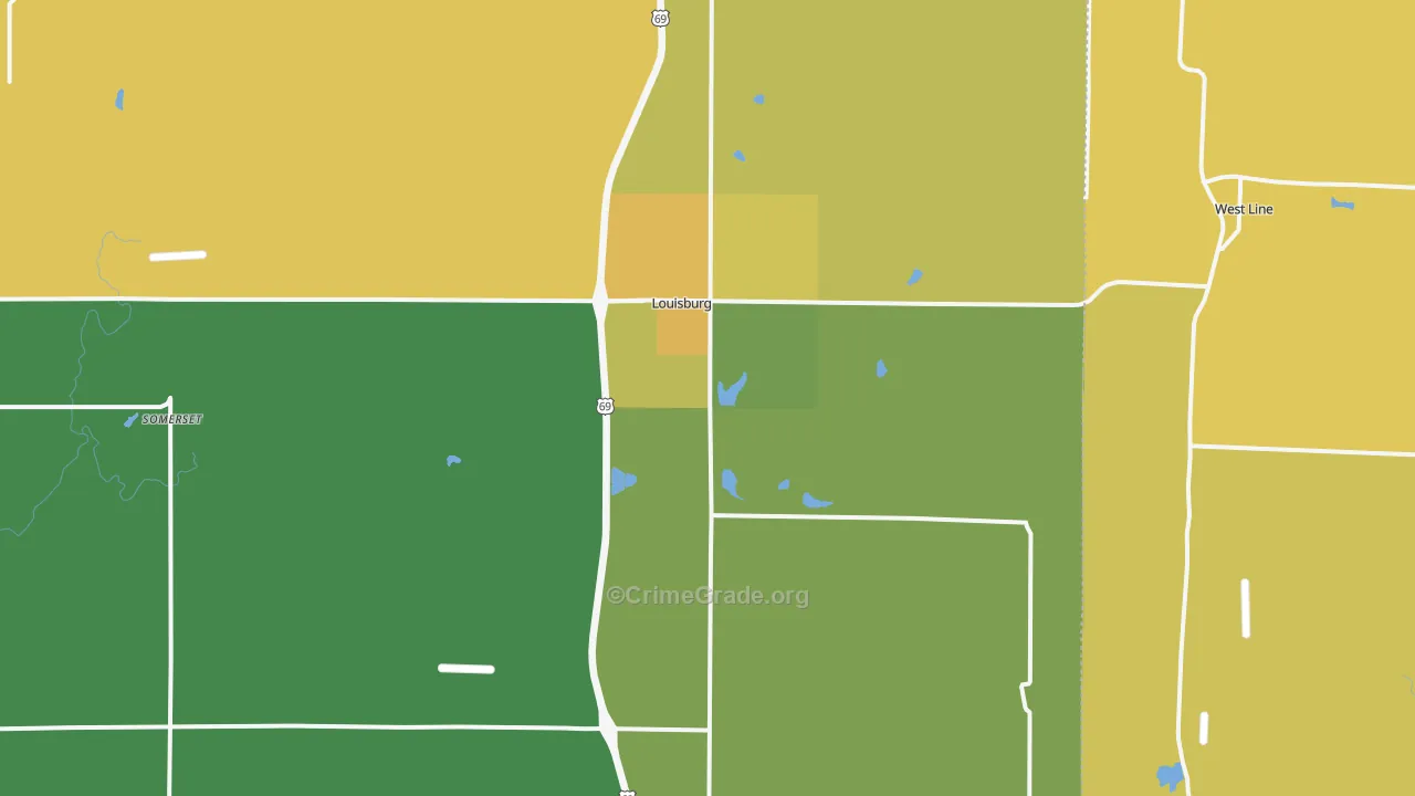 Louisburg, KS Map of Robbery Rates