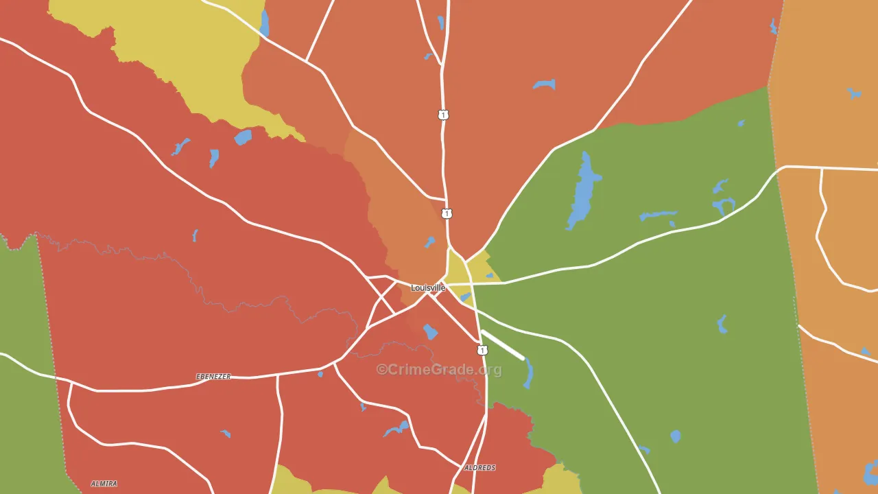 Louisville, GA Map of Robbery Rates