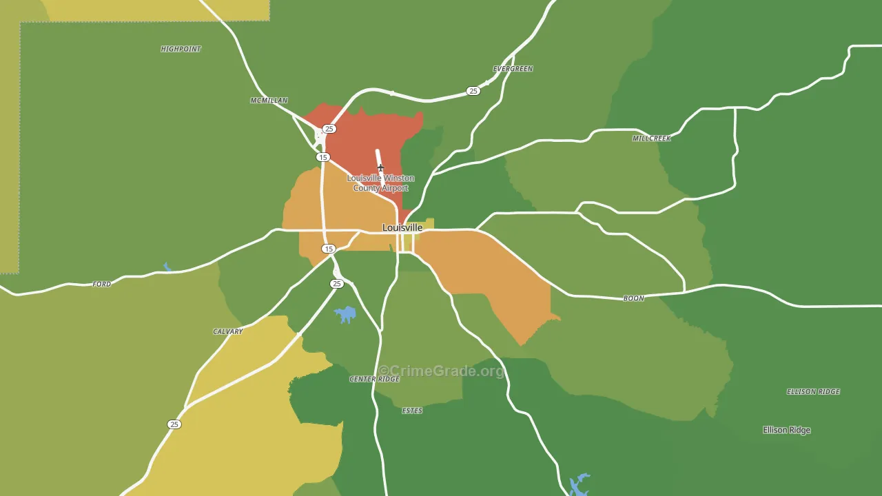 Louisville, MS Map of Robbery Rates