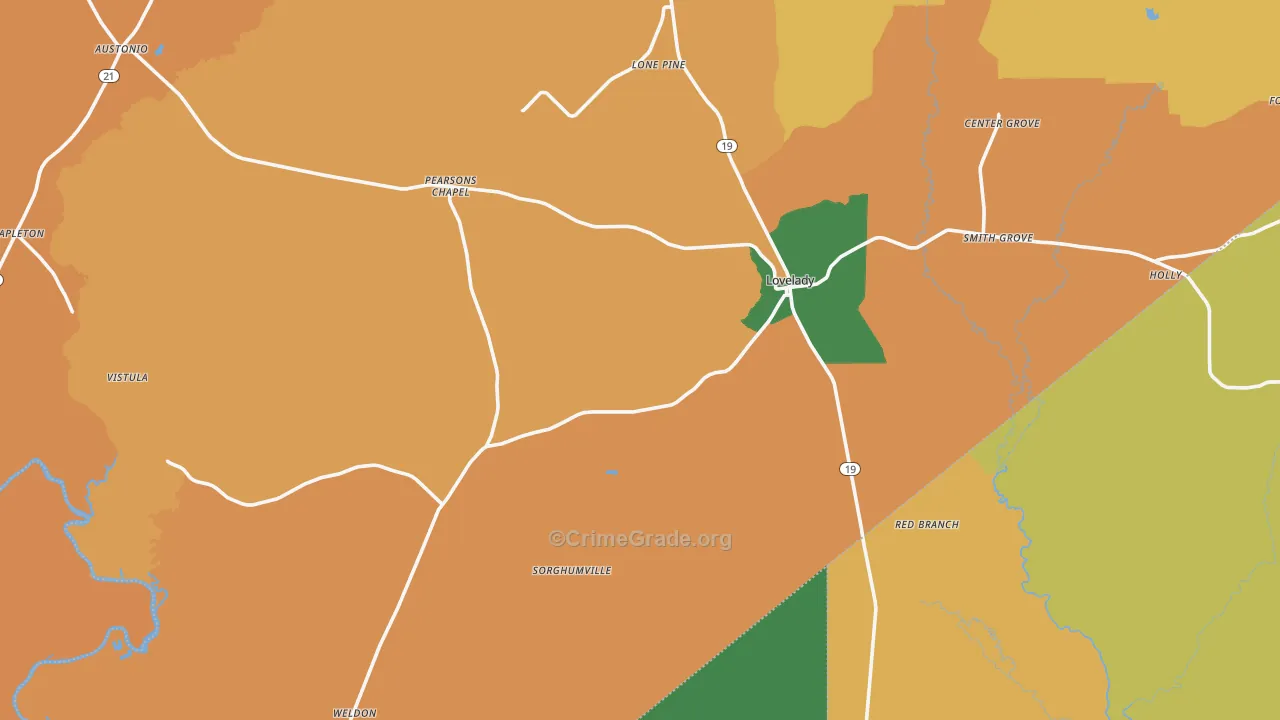 Lovelady, TX Map of Robbery Rates