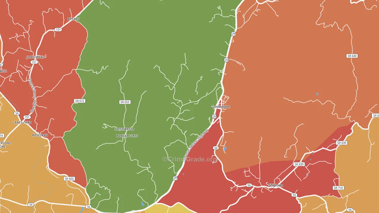 Lovingston, VA Map of Robbery Rates
