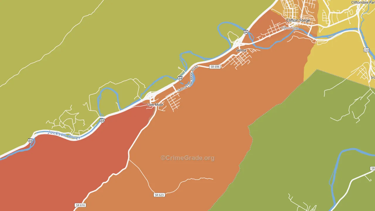 Low Moor, VA Map of Robbery Rates