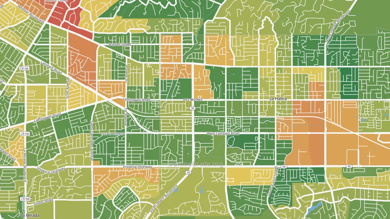 Lowell, La Habra, CA Map of Robbery Rates