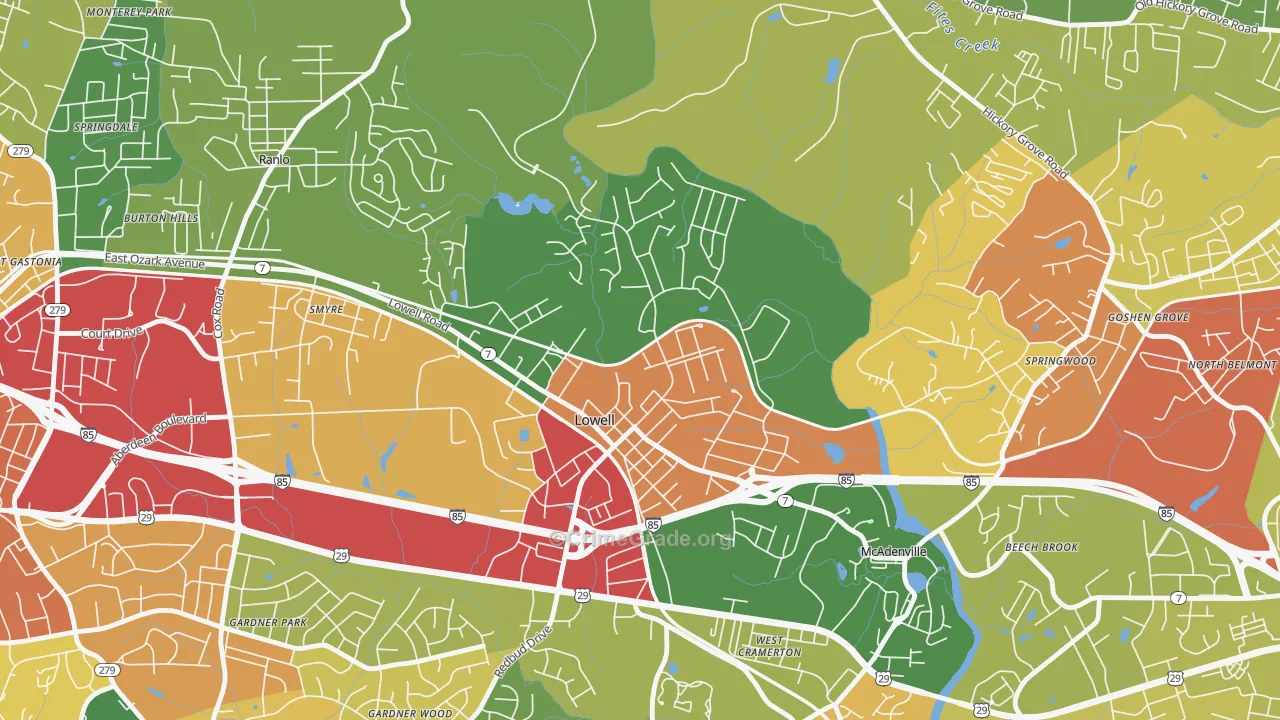 Lowell, NC Map of Robbery Rates