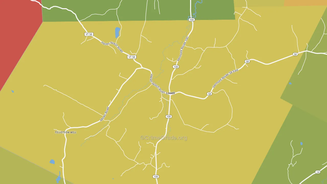 Lowell, VT Map of Robbery Rates