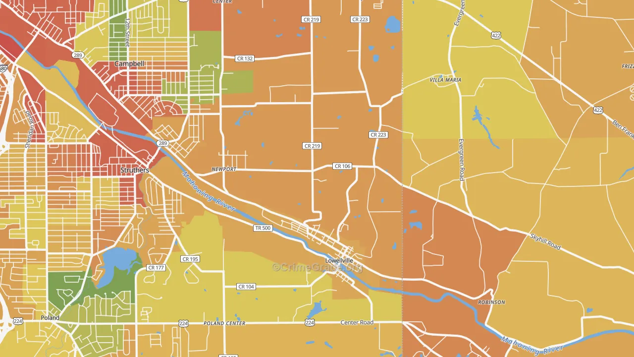 Lowellville, OH Map of Robbery Rates