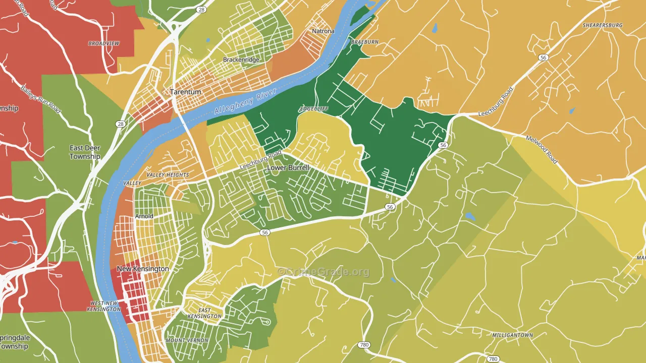 Lower Burrell, PA Map of Robbery Rates