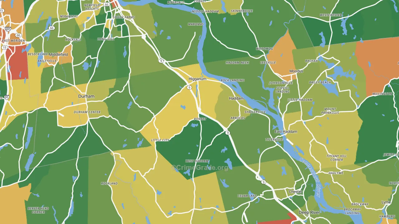 Lower Connecticut River Valley Planning Region, CT Map of Robbery Rates