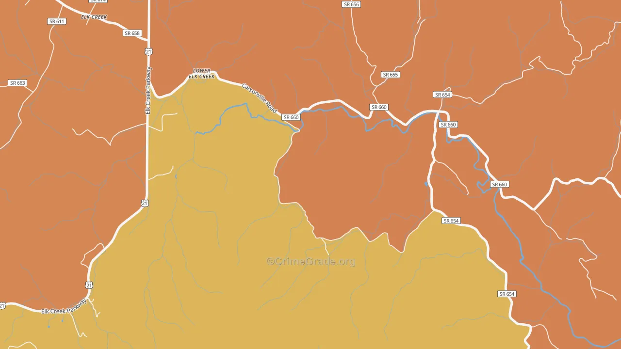 Lower Elk Creek, VA Map of Robbery Rates