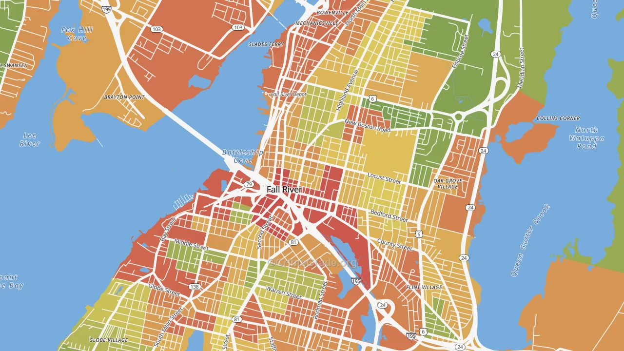 Lower Highlands, Fall River, MA Map of Robbery Rates