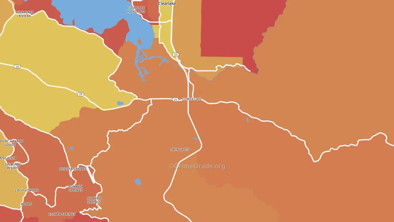 Lower Lake, CA Map of Robbery Rates