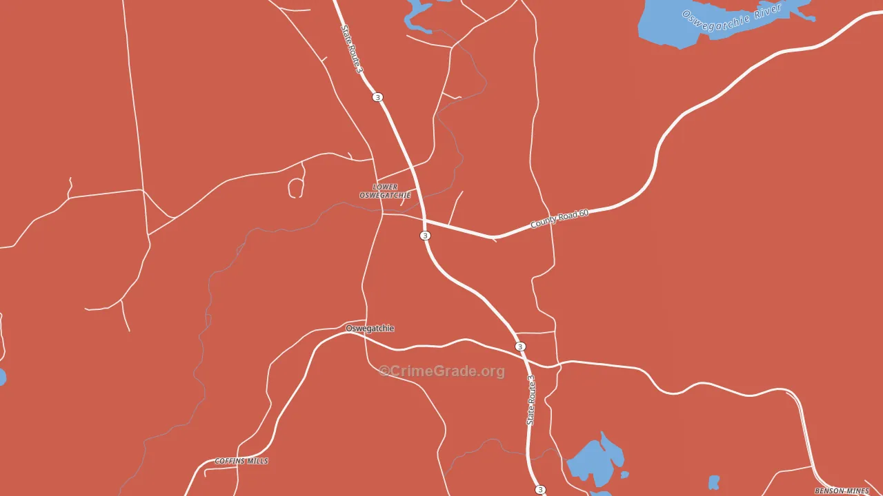Lower Oswegatchie, NY Map of Robbery Rates
