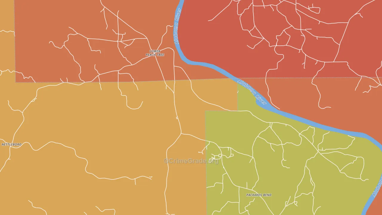 Lower Peach Tree, AL Map of Robbery Rates