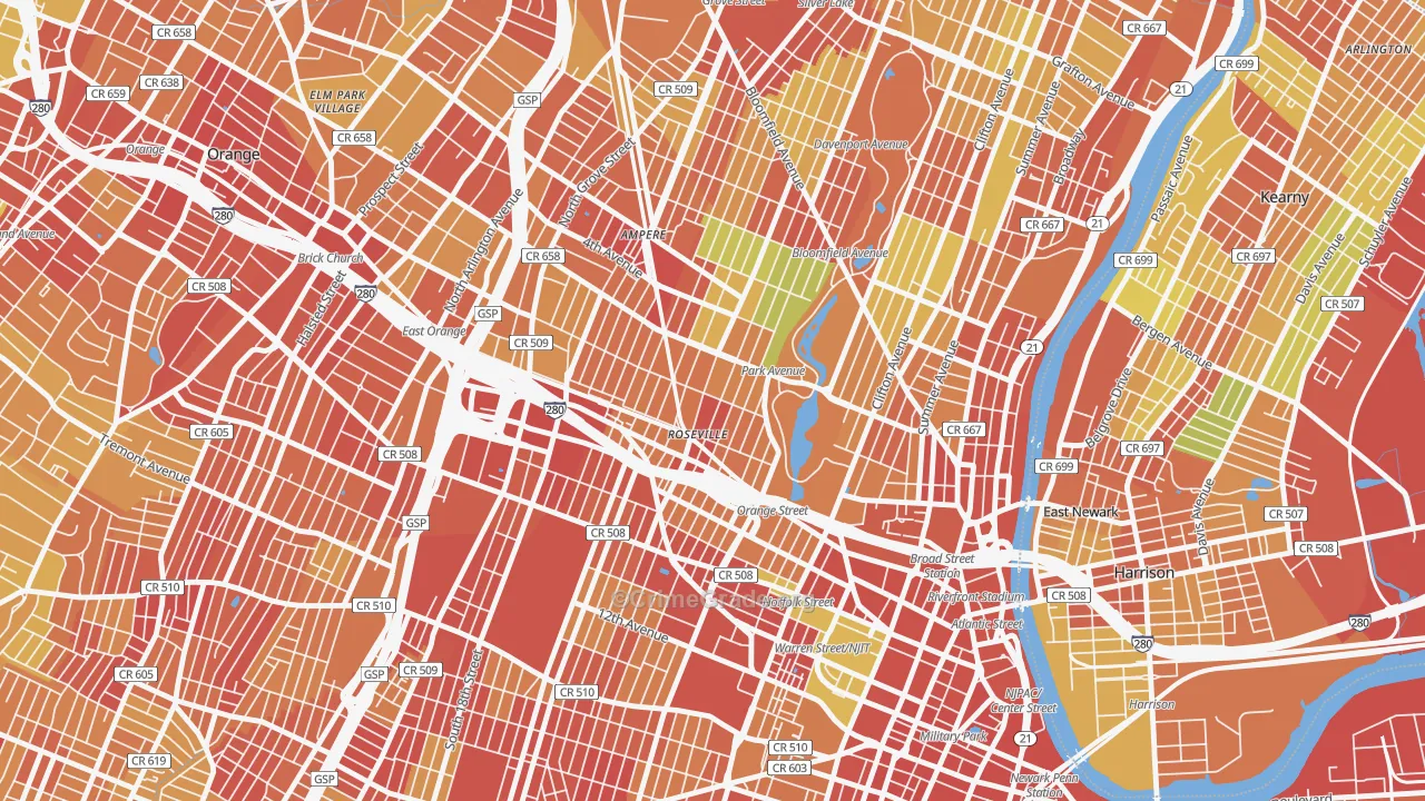 Lower Roseville, Newark, NJ Map of Robbery Rates