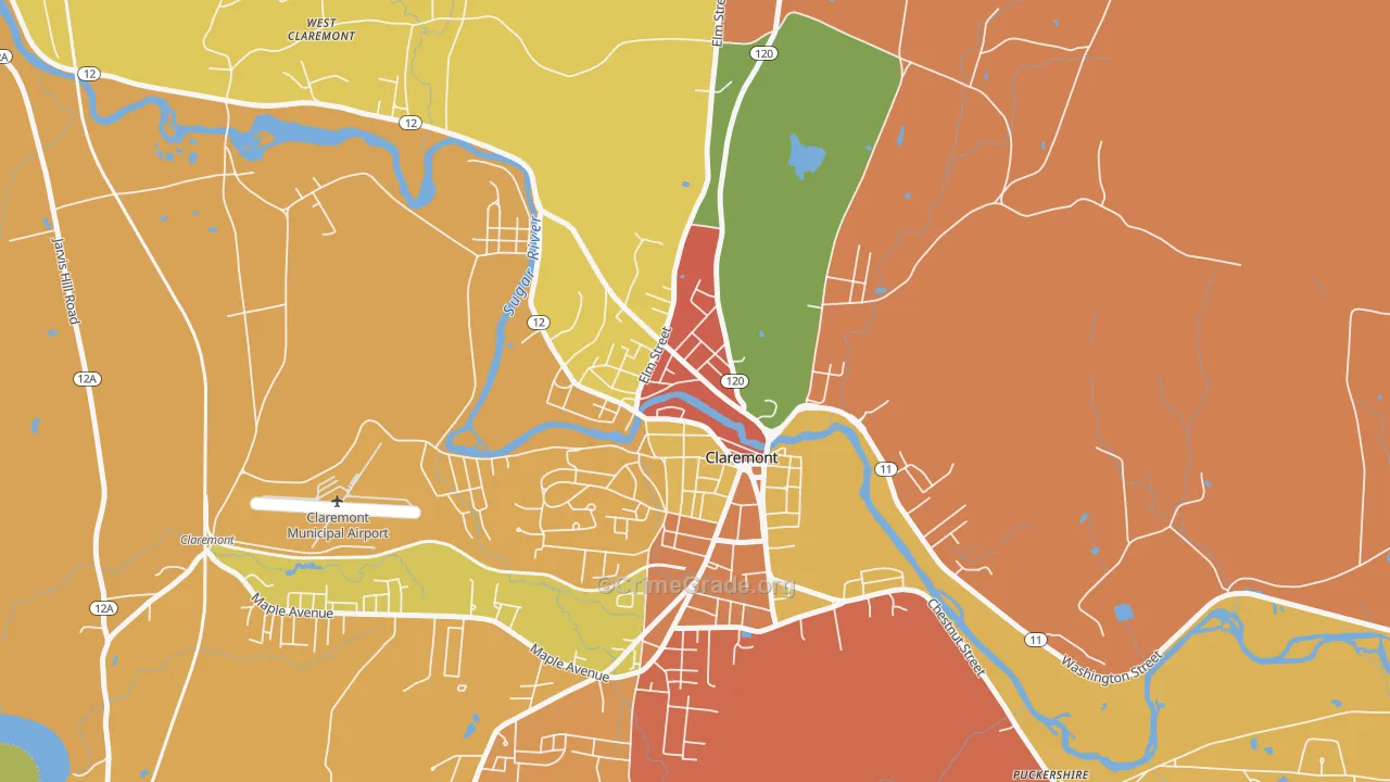 Lower Village District, Claremont, NH Map of Robbery Rates