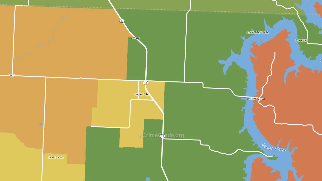 Lowry City, MO Map of Robbery Rates