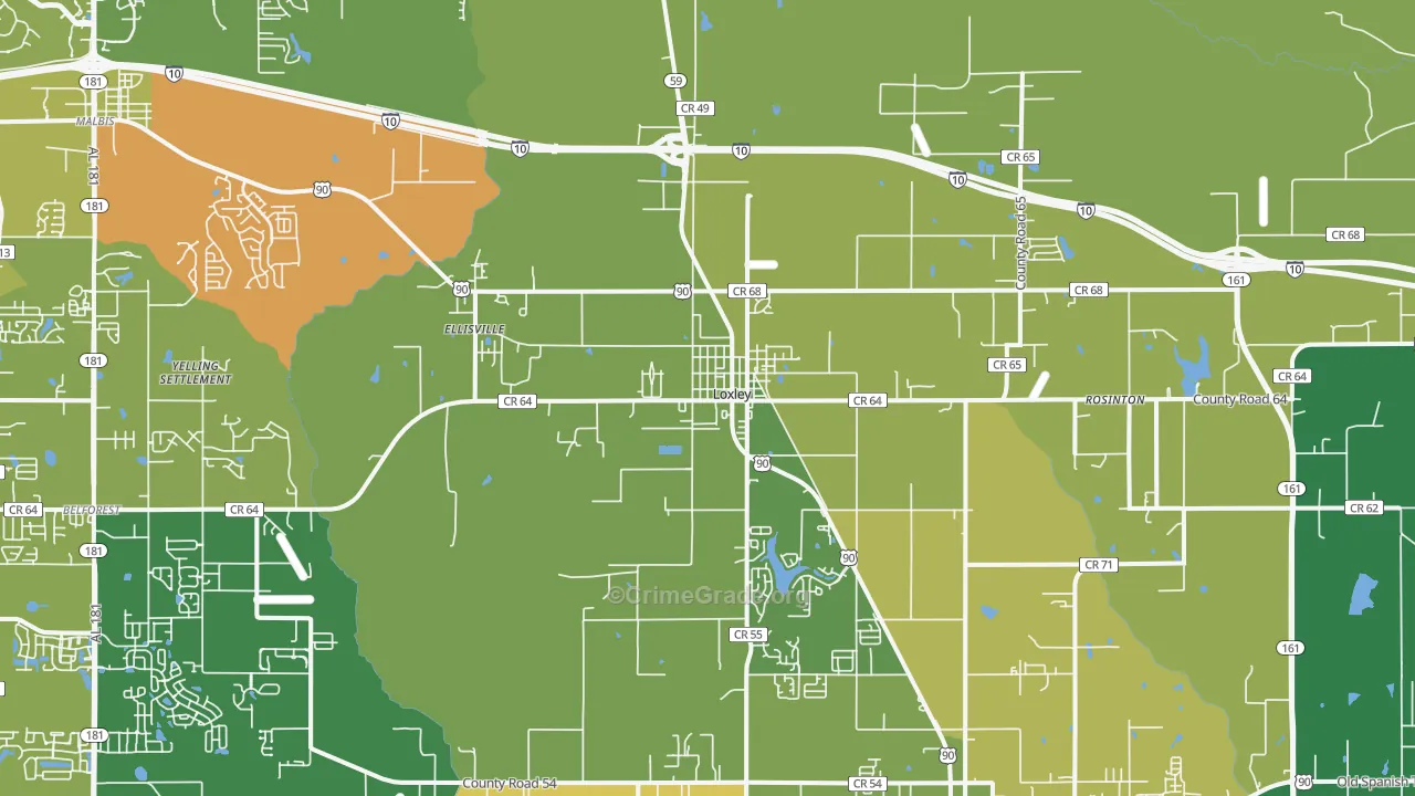 Loxley, AL Map of Robbery Rates