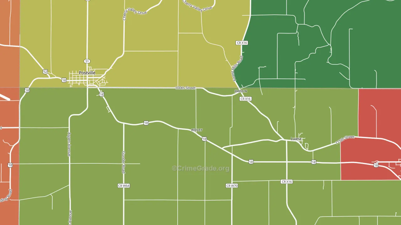 Luana, IA Map of Robbery Rates