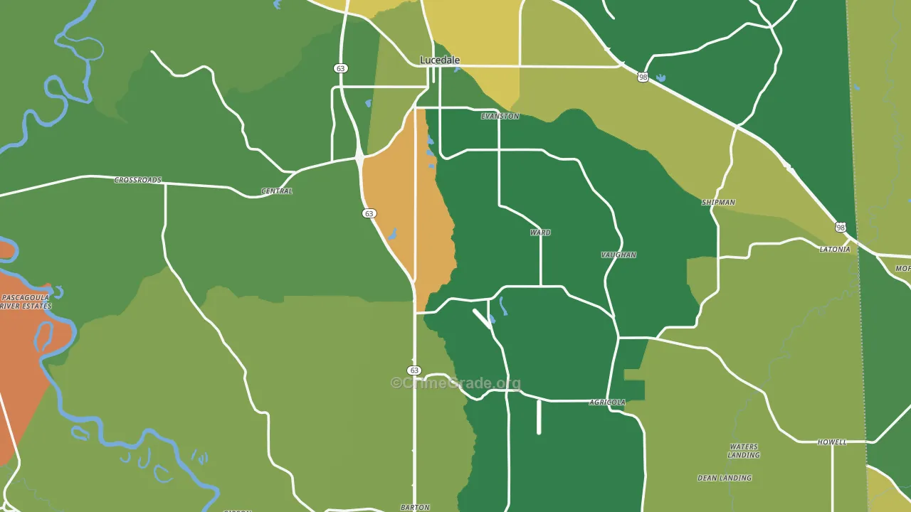 Lucedale, MS Map of Robbery Rates