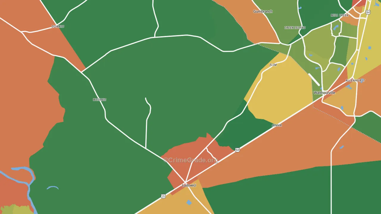 Ludowici, GA Map of Robbery Rates