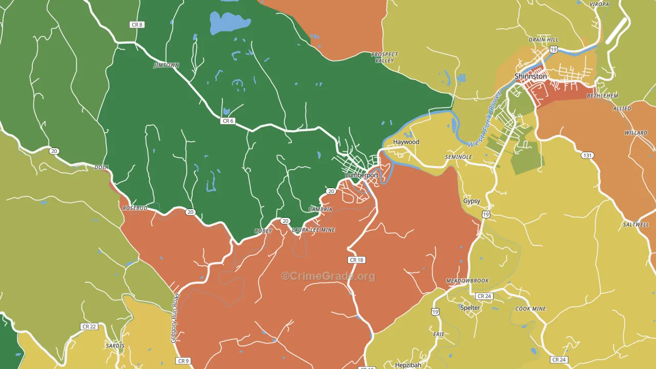 Lumberport, WV Map of Robbery Rates