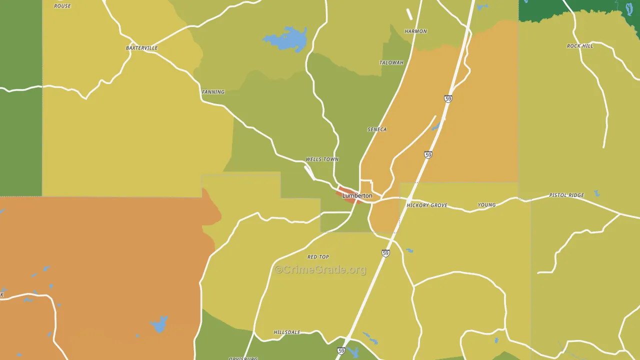 Lumberton, MS Map of Robbery Rates