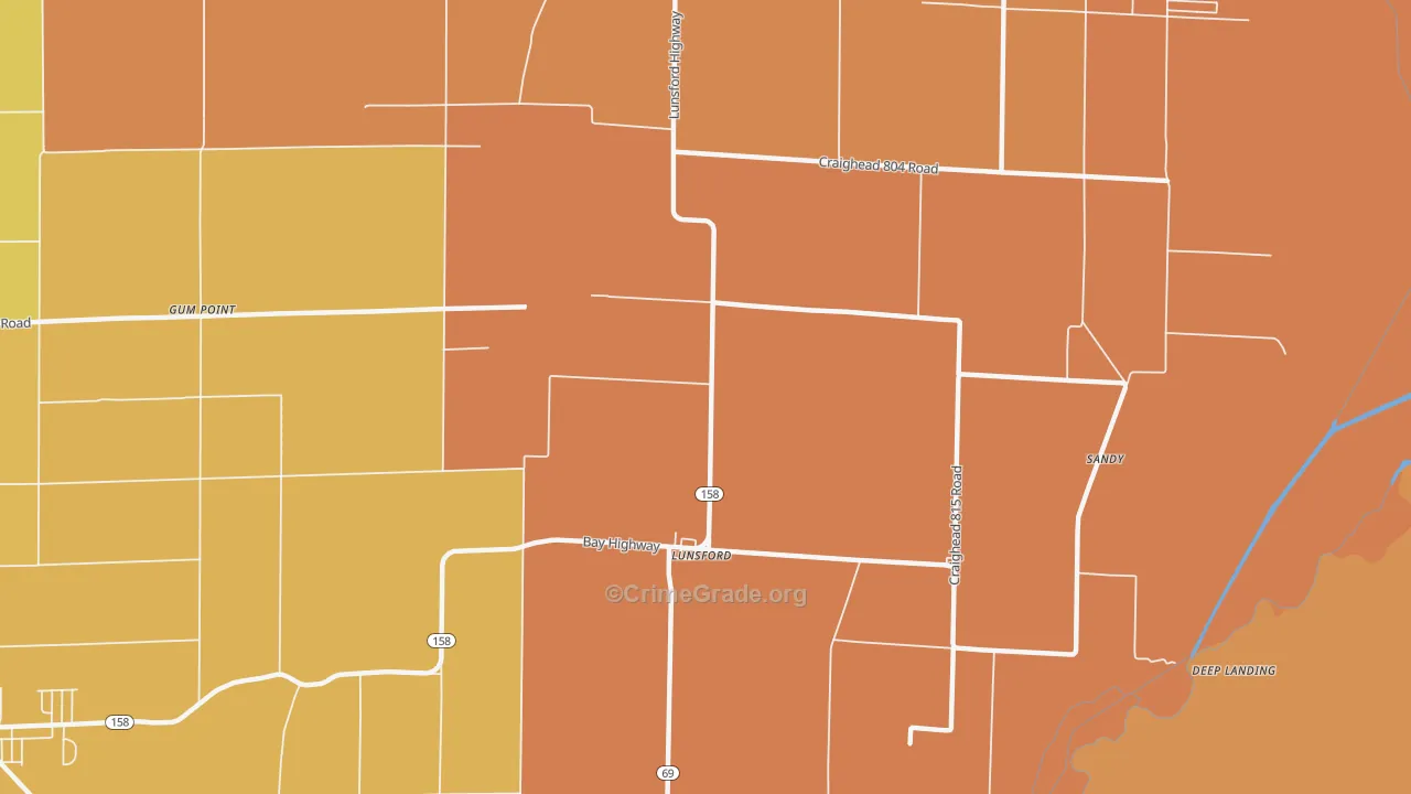 Lunsford, AR Map of Robbery Rates