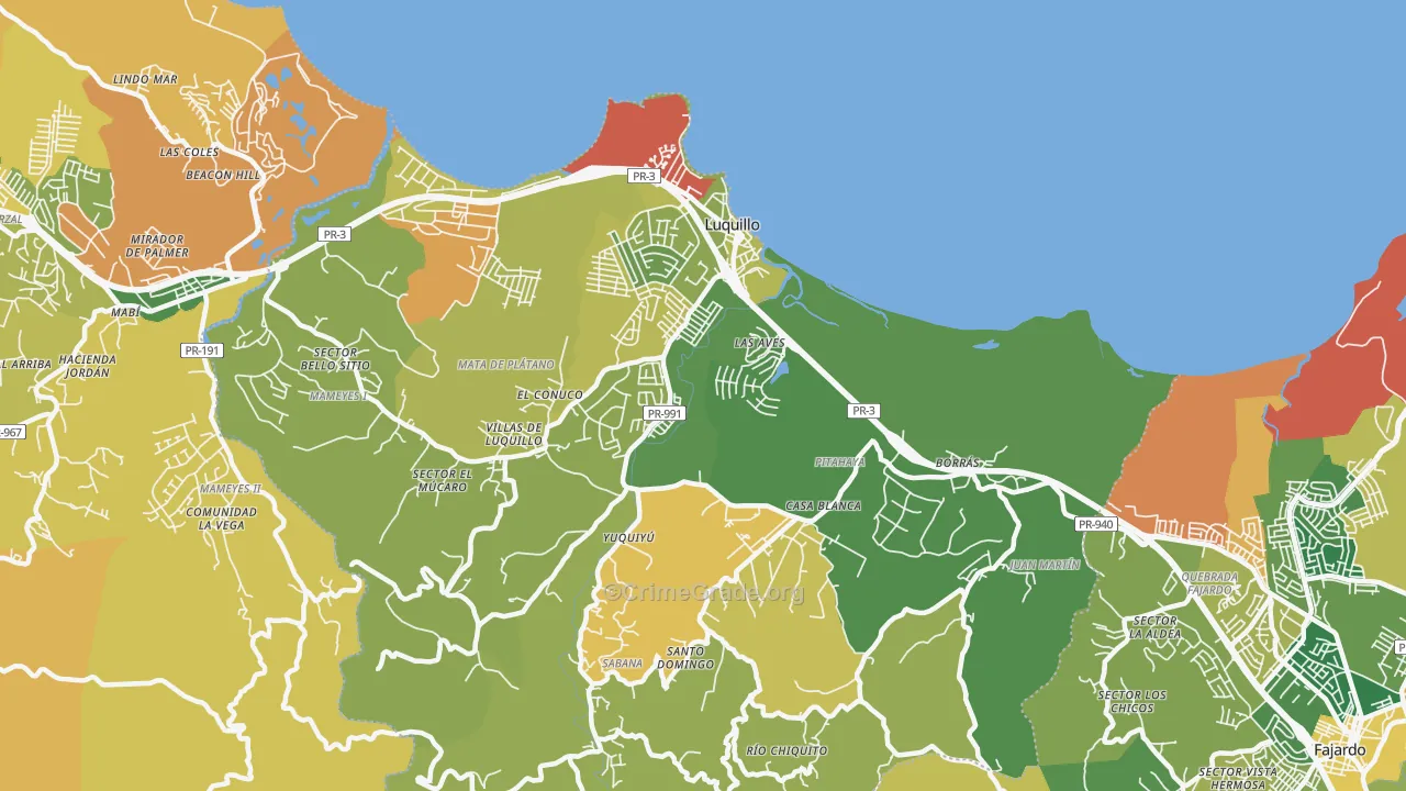 Luquillo, PR Map of Robbery Rates