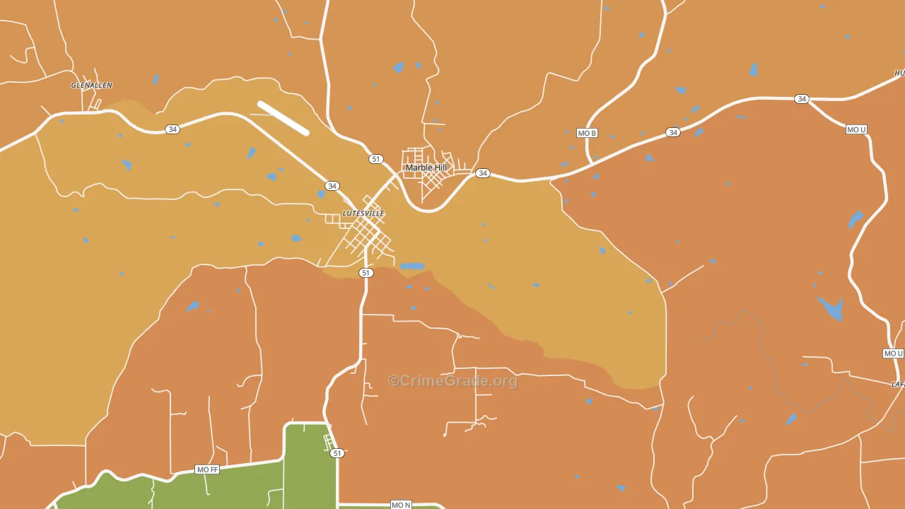 Lutesville, MO Map of Robbery Rates