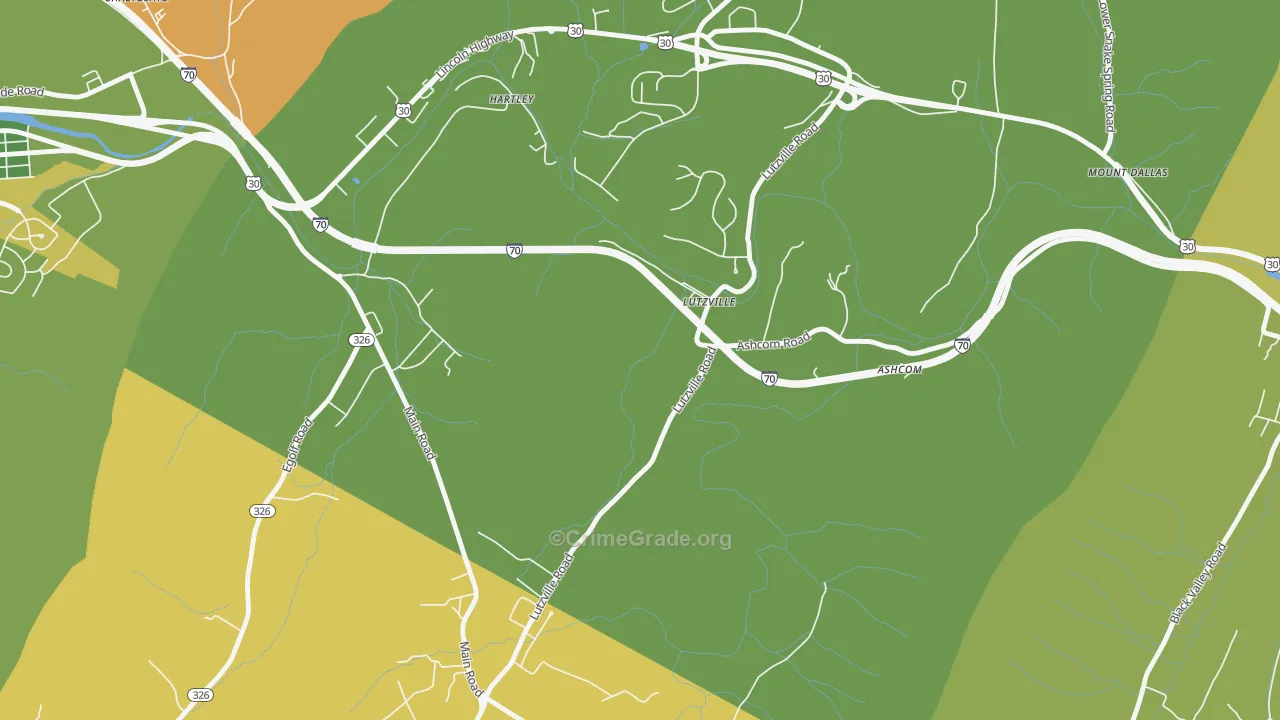 Lutzville, PA Map of Robbery Rates