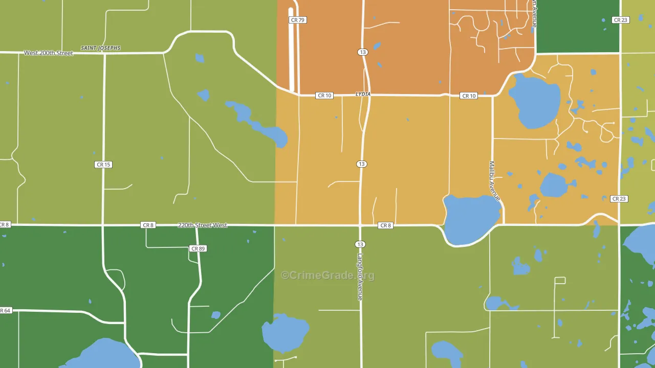 Lydia, MN Map of Robbery Rates
