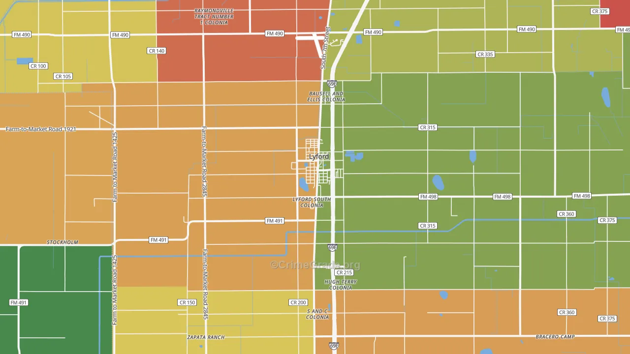 Lyford, TX Map of Robbery Rates