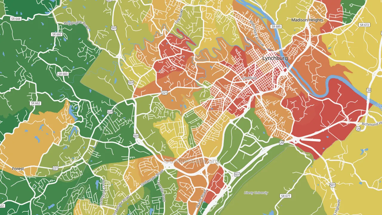 Lynchburg City, VA Map of Robbery Rates