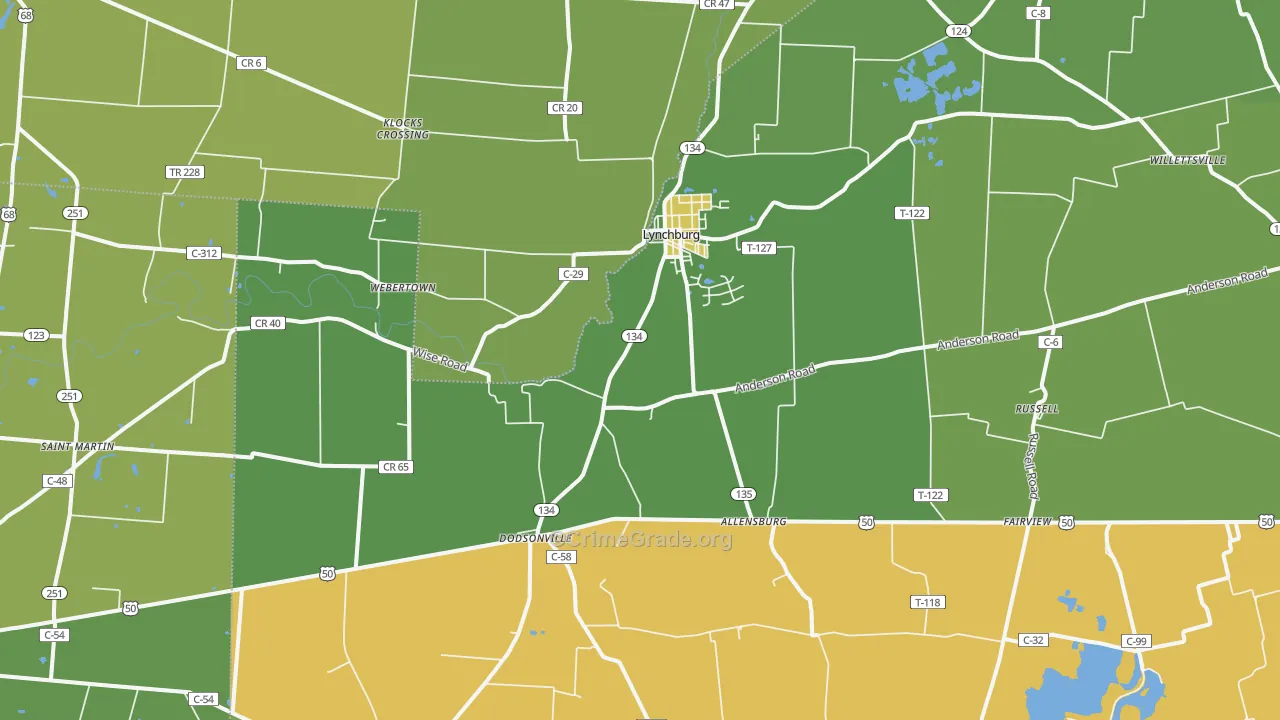 Lynchburg, OH Map of Robbery Rates