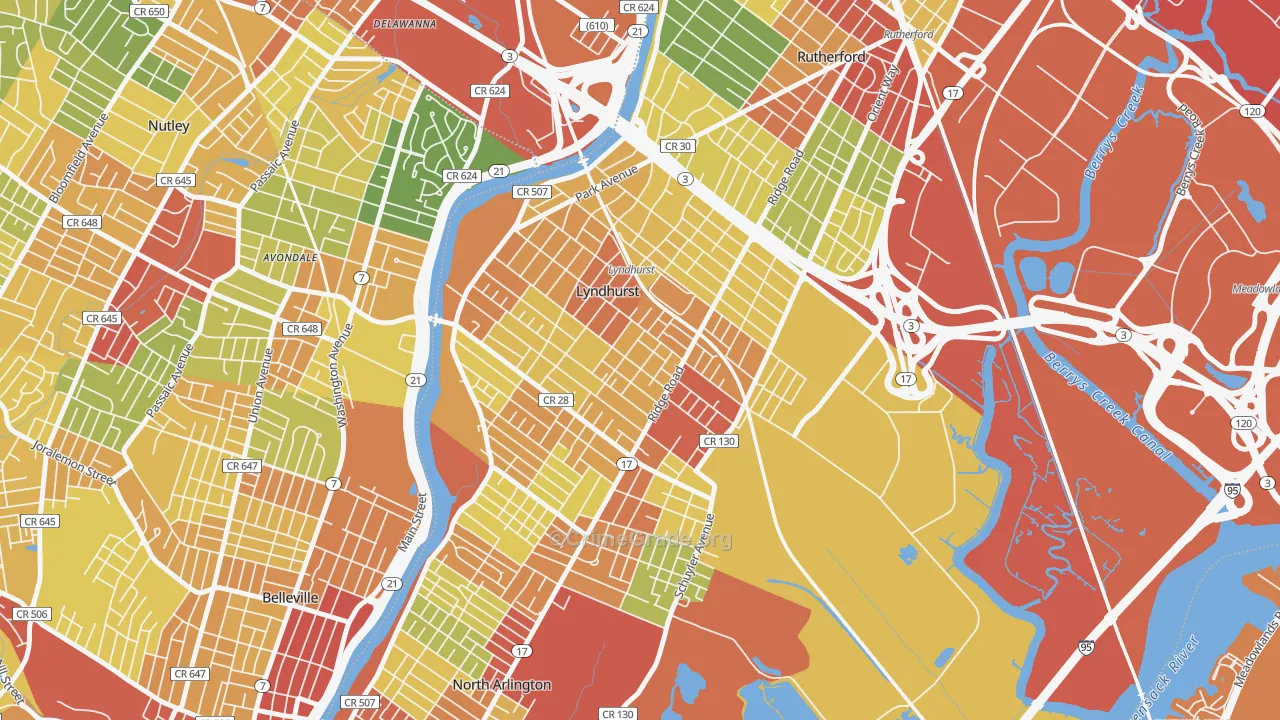 Lyndhurst, NJ Map of Robbery Rates