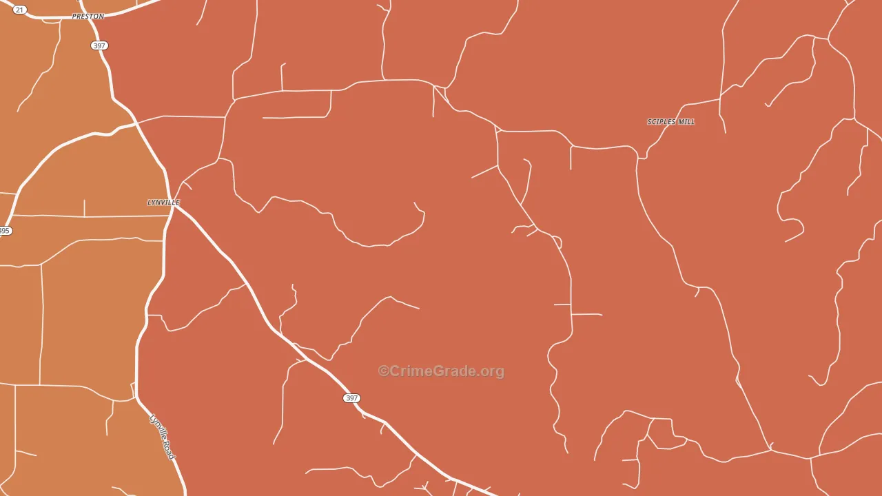 Lynville, MS Map of Robbery Rates