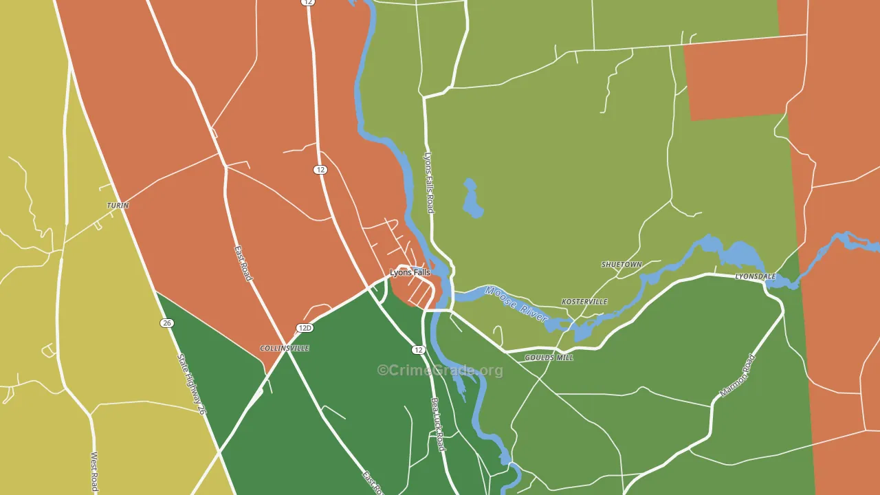 Lyons Falls, NY Map of Robbery Rates