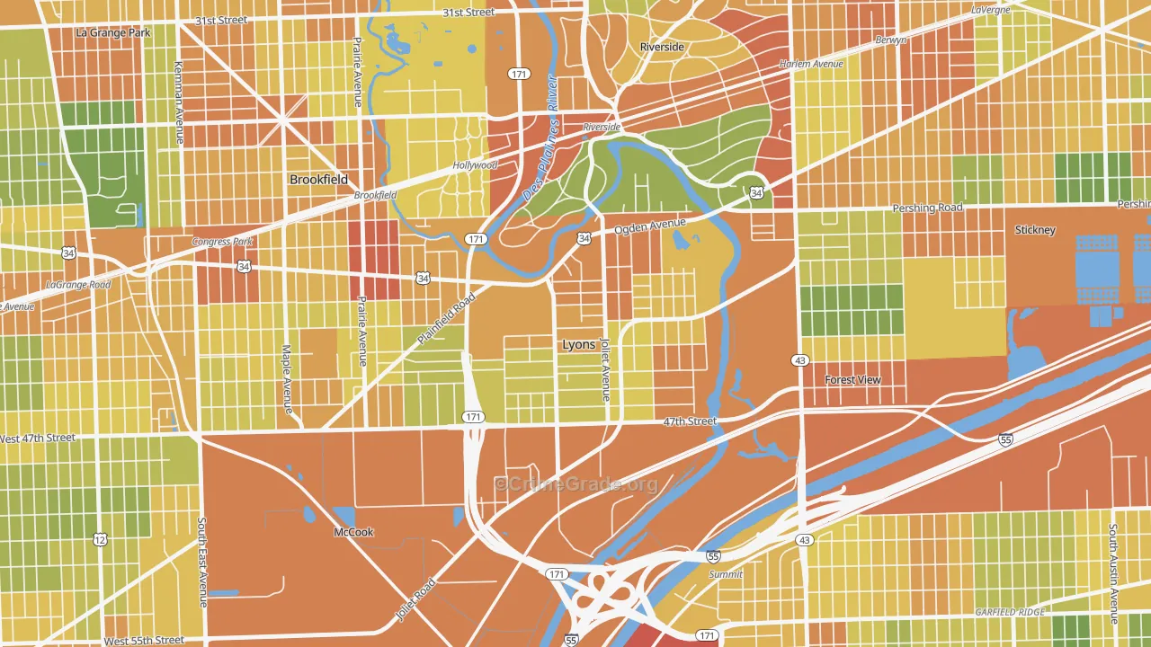 Lyons, IL Map of Robbery Rates