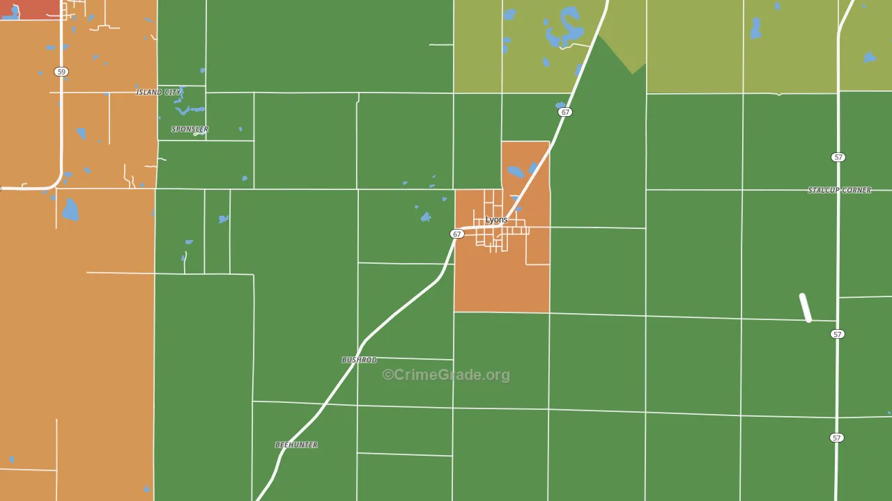 Lyons, IN Map of Robbery Rates