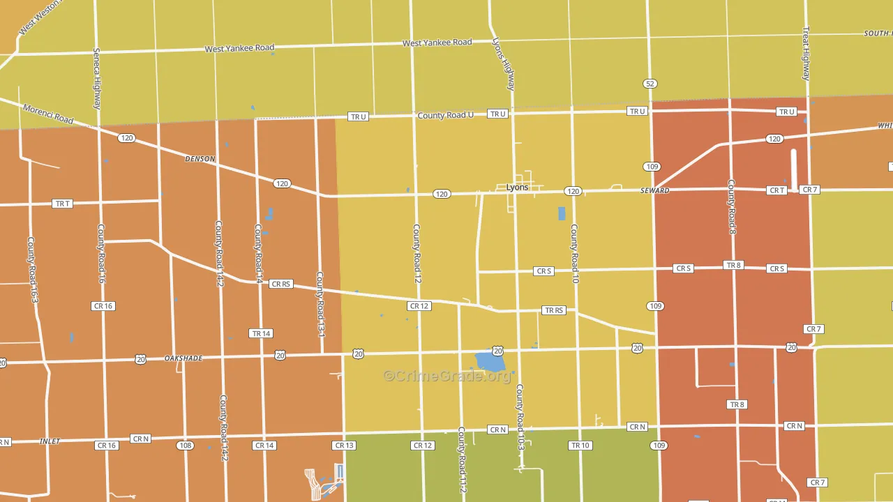 Lyons, OH Map of Robbery Rates