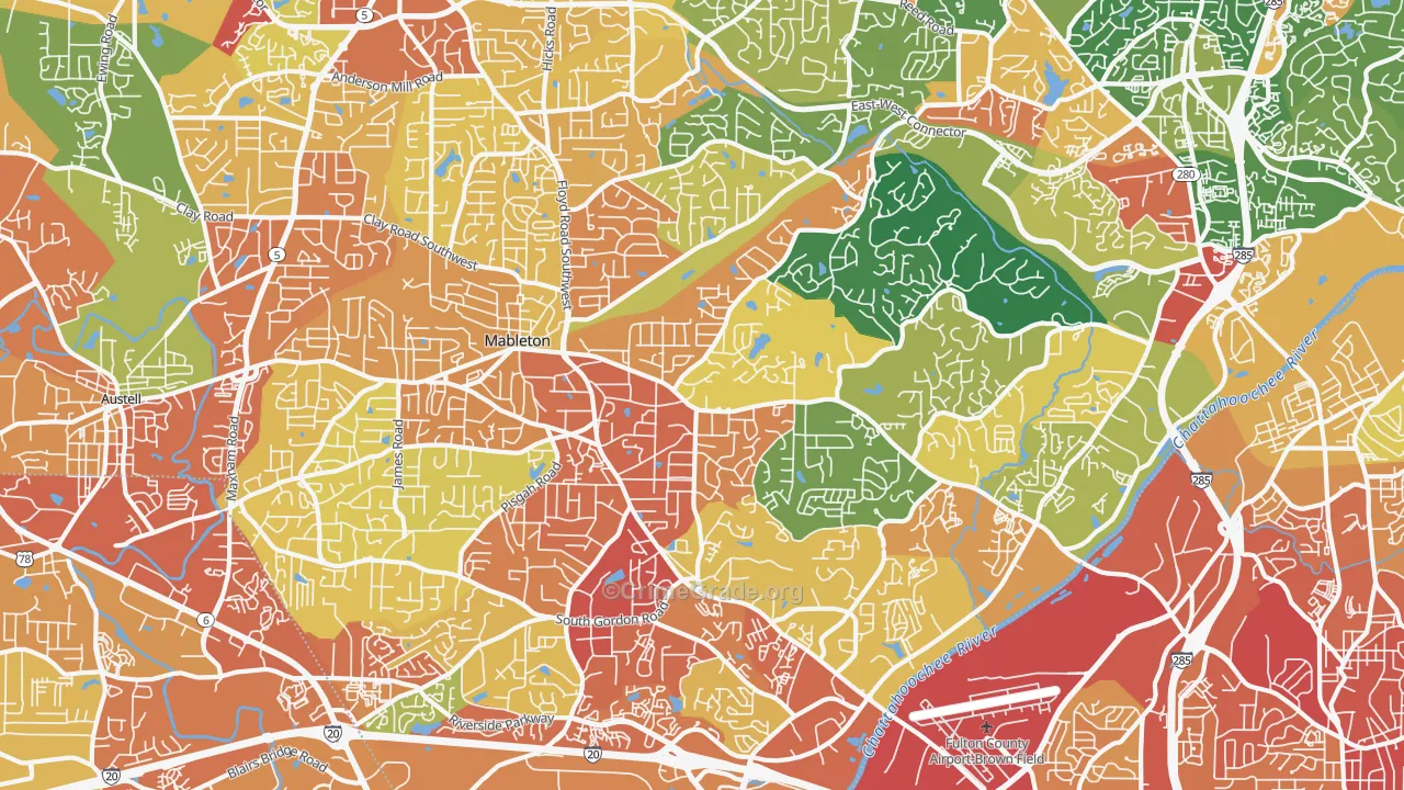 Mableton, GA Map of Robbery Rates