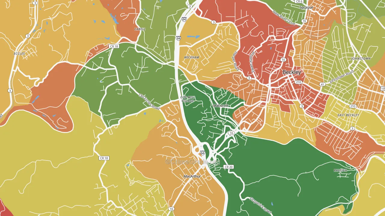 Mabscott, WV Map of Robbery Rates